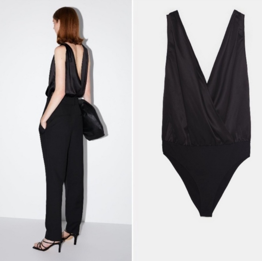 ZARA Black Sateen Sleeveless Bodysuit with Plunging Neckline